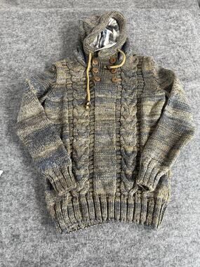 Leif Nelson Sweater Men Medium Brown Argyle Cable Knit Toggles Hooded N316